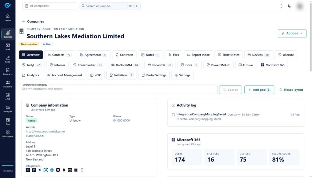 Screenshot of Corvue: A company record, pulling in every connected tool from the PSA to Microsoft 365