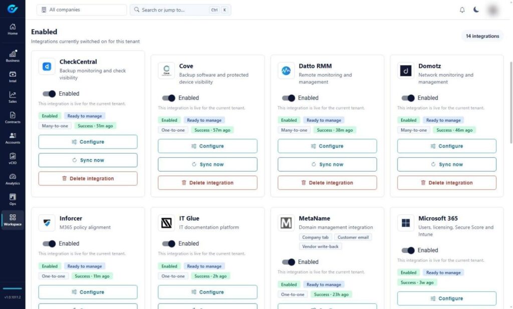 Screenshot of Corvue: Integrations: RMM, backup, security, documentation and Microsoft 365, each mapped to the right customer