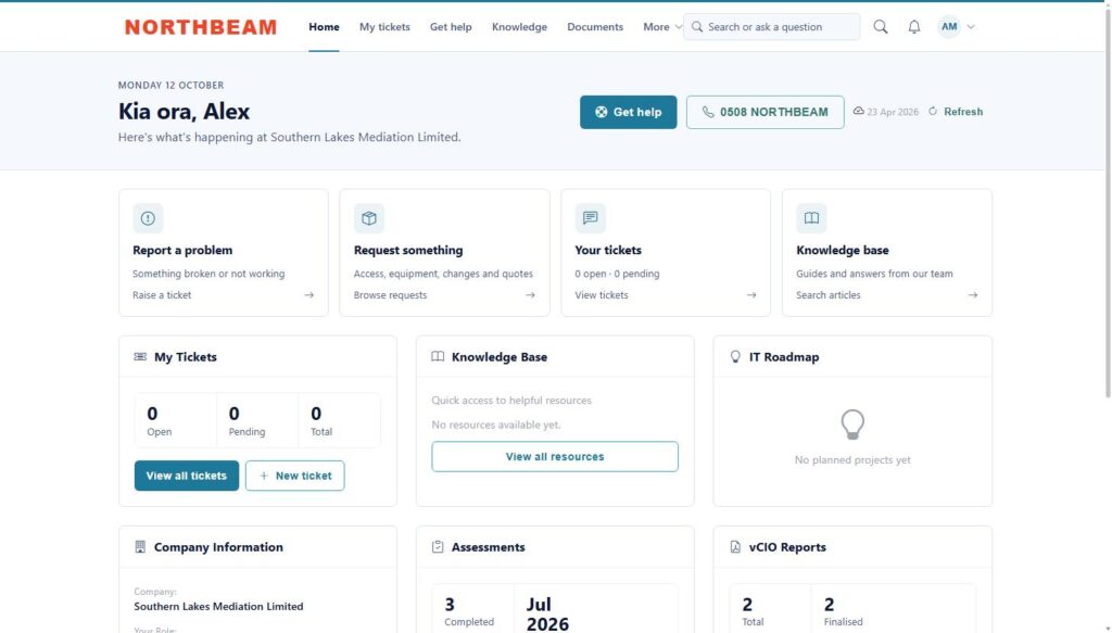 Screenshot of Corvue: The customer portal, where clients raise tickets and see their assessments and reports