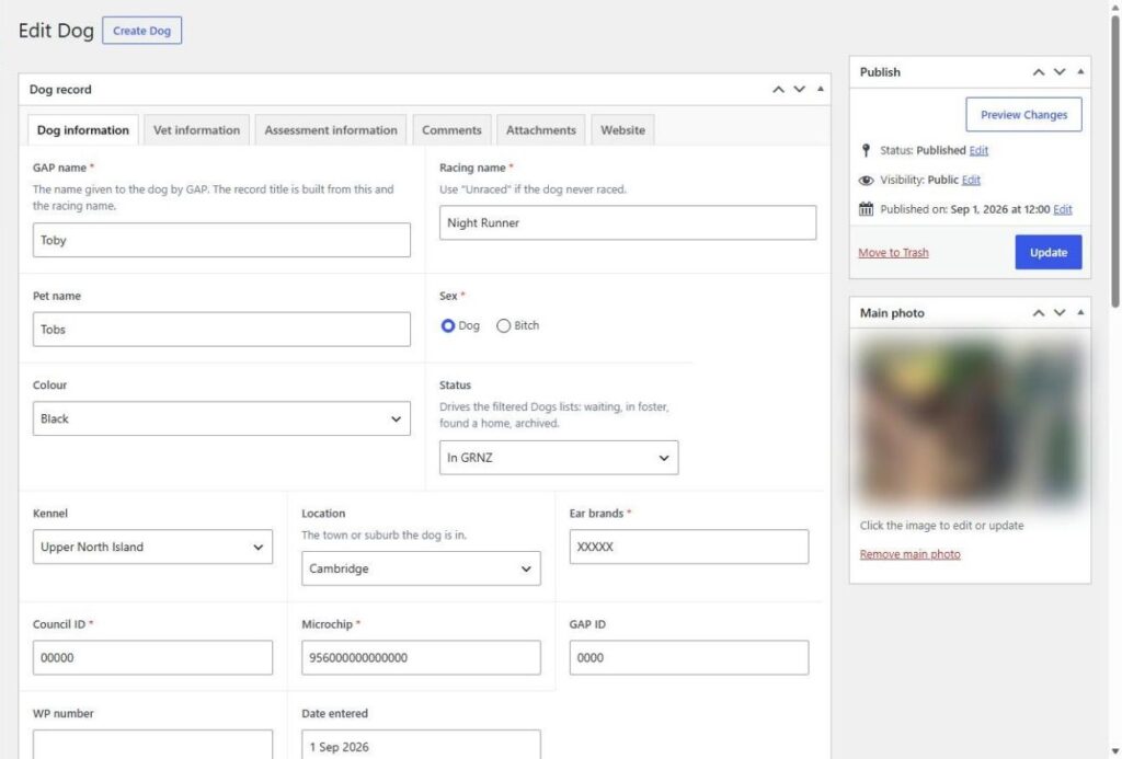 Screenshot: Behind the scenes: a dog record, one of 64 fields across six tabs (names and identifiers changed)