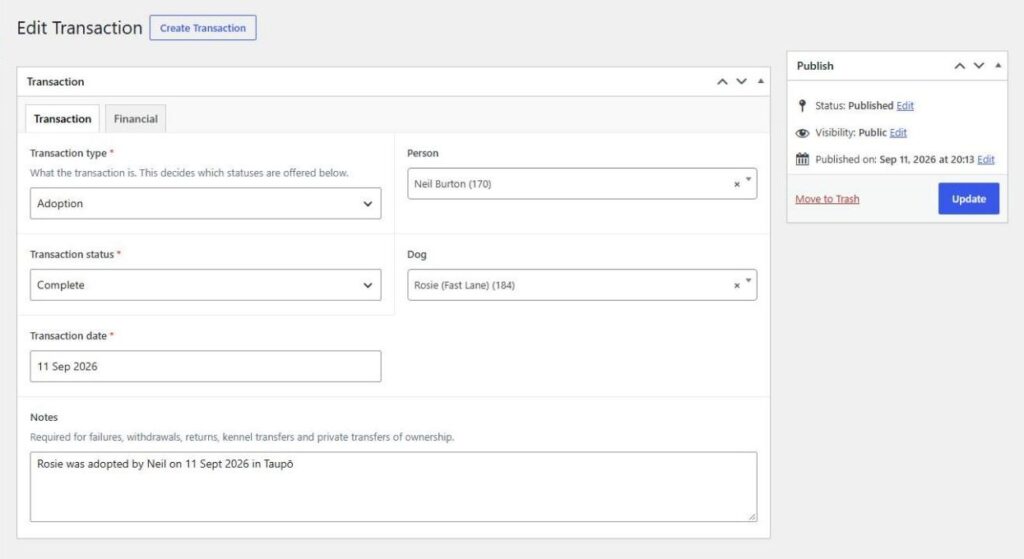 Screenshot: Behind the scenes: a transaction, with the person and dog looked up by name and record number (names changed)