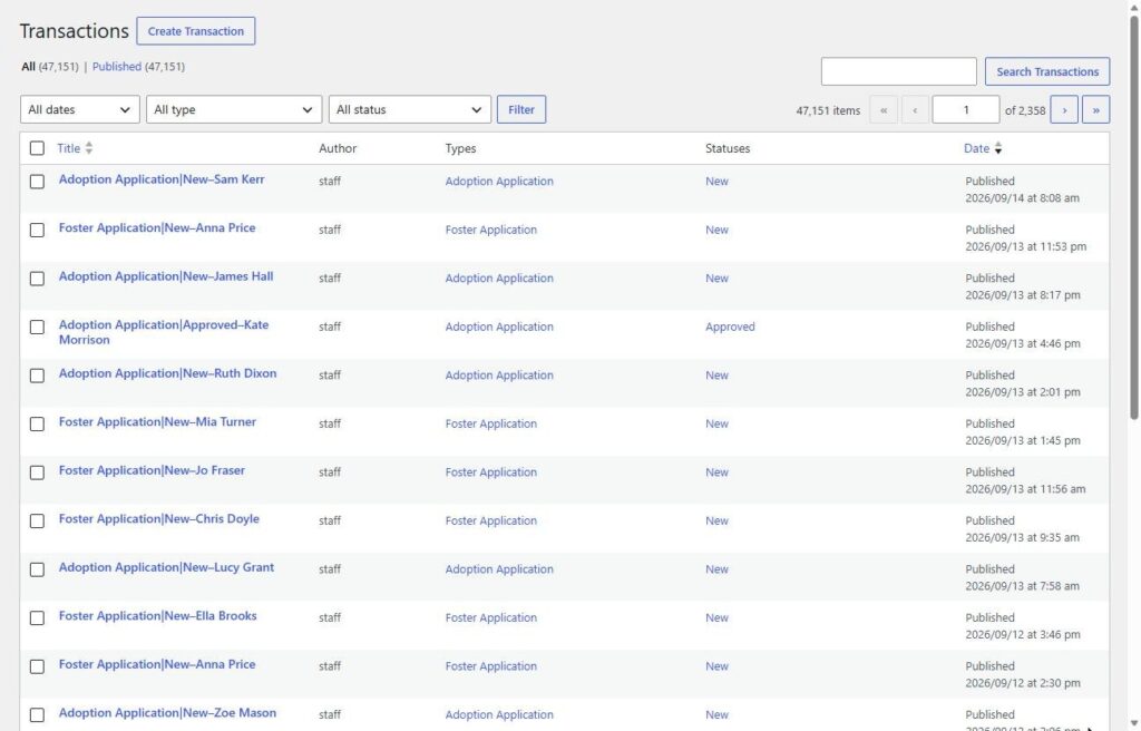 Screenshot: Behind the scenes: 47,151 transactions carried over from Drupal, with type and status filters (names changed)