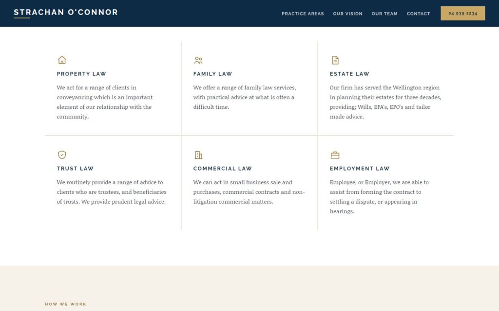 Screenshot of the Strachan O’Connor further down the home page on desktop