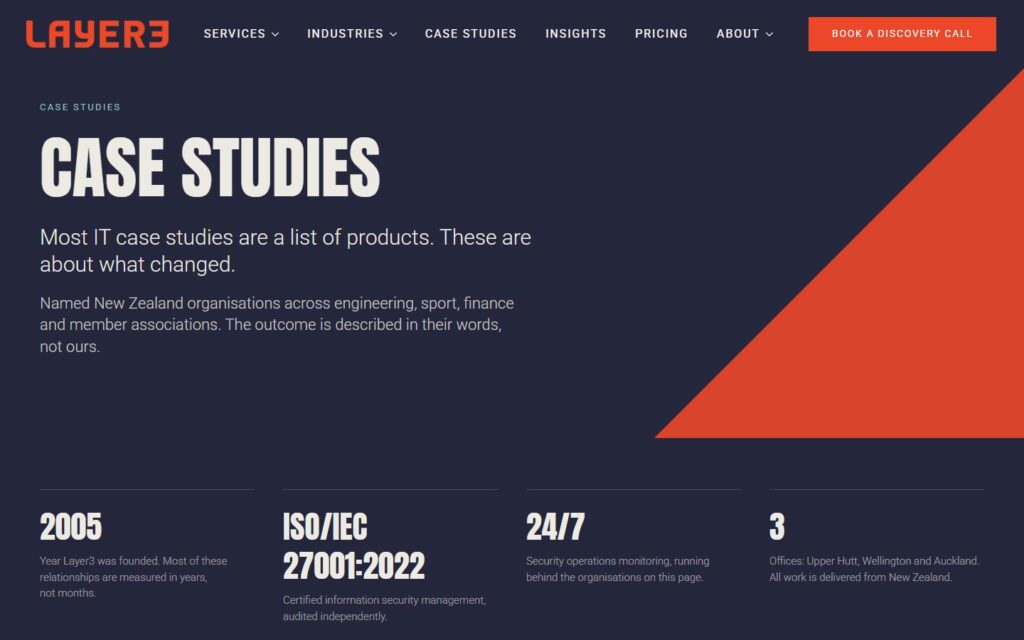 Screenshot of layer3.nz: Case studies index