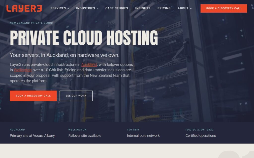 Screenshot of layer3.nz: Private Cloud Hosting, with the hero video