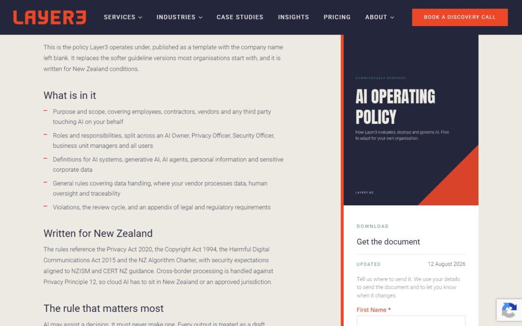 Screenshot of layer3.nz: A gated resource: generated A4 cover and the download form