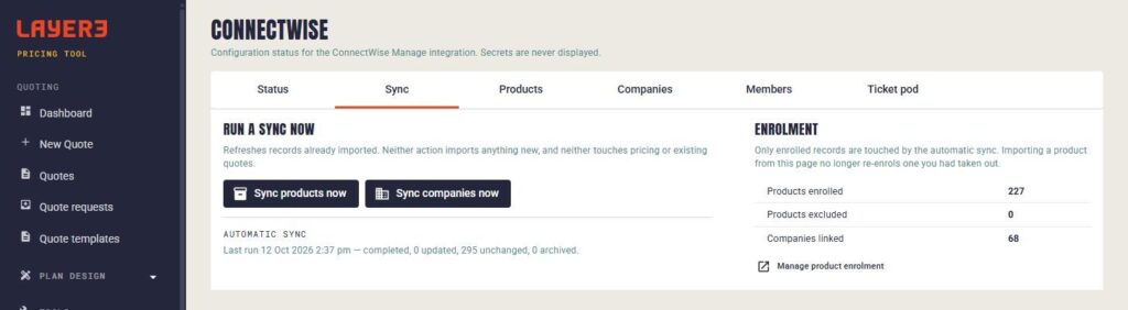 Screenshot: ConnectWise sync: enrolled products and linked companies