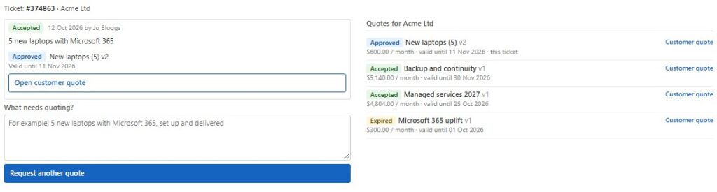 Screenshot: The quote tab inside a ConnectWise ticket (sample data)
