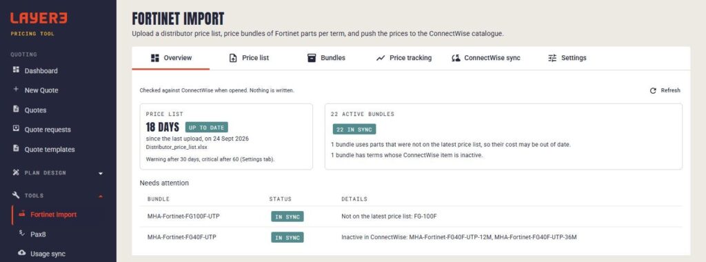 Screenshot: Fortinet import: distributor price list and bundles in sync with ConnectWise