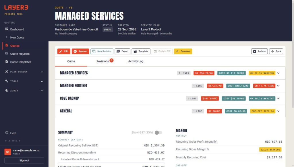 Screenshot: A quote, with sell, cost and margin for every section (names and figures changed)