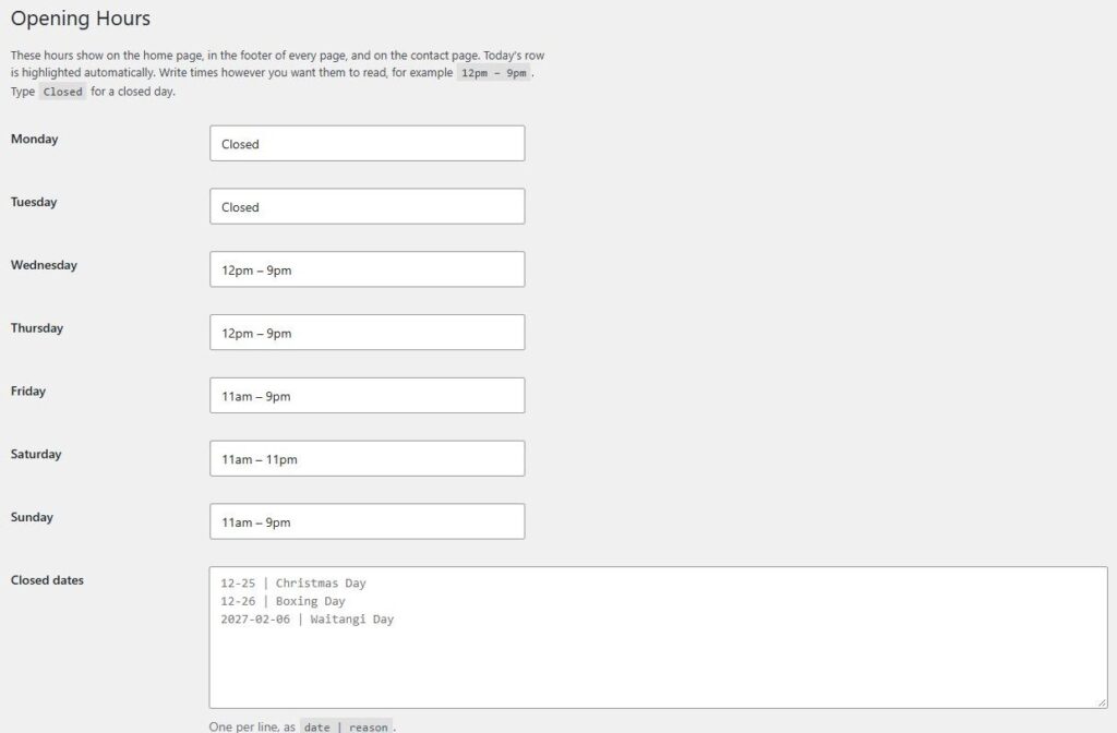 Screenshot: Behind the scenes: the opening hours screen, with dated closures