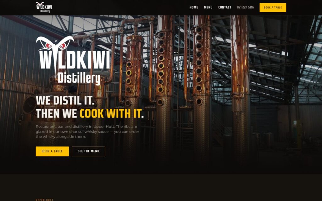 Screenshot of the Wildkiwi Distillery home page on desktop