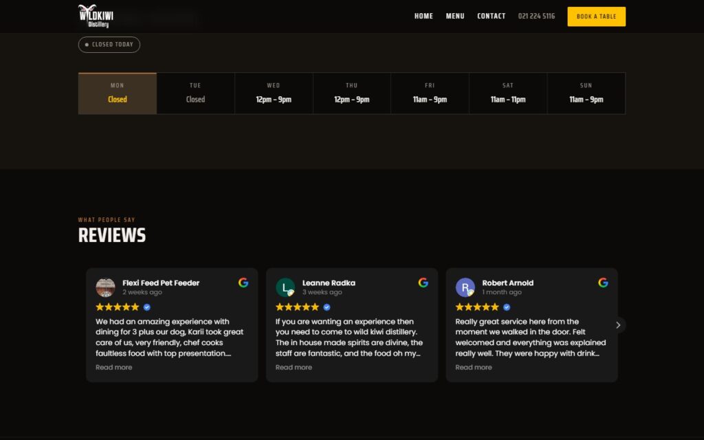 Screenshot of the Wildkiwi Distillery further down the home page on desktop
