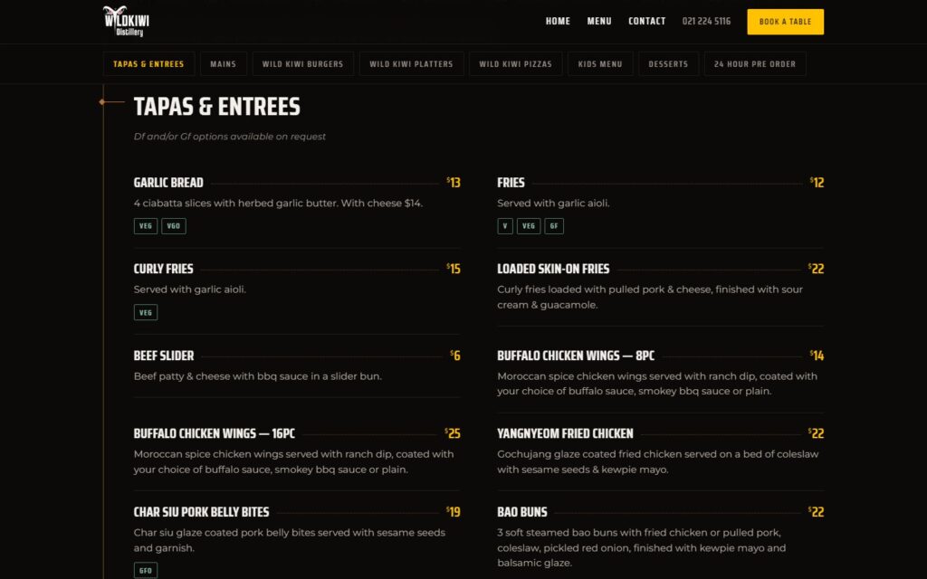 Screenshot: The menu, built from ACF dish records, with the sticky section bar