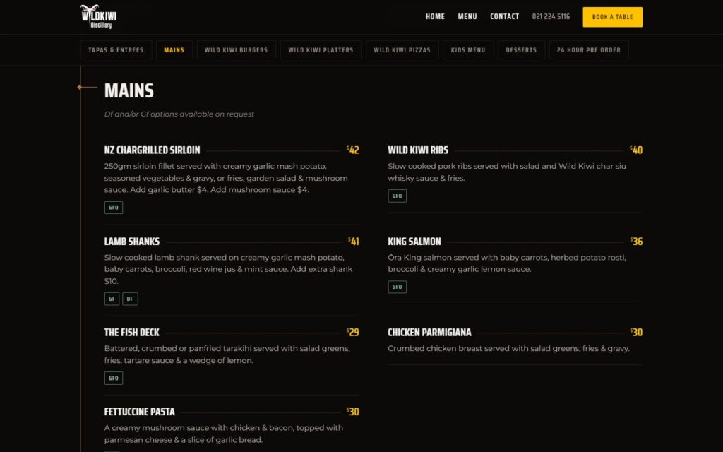 Screenshot: Mains, with prices and dietary pills from each dish record