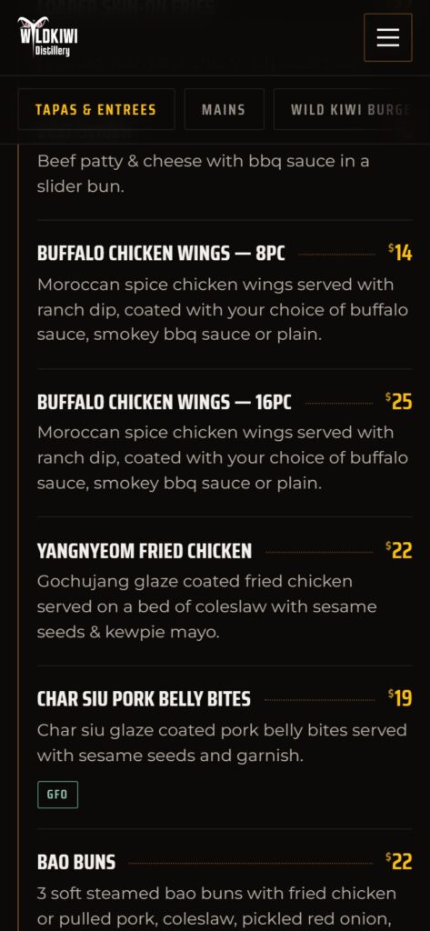 Screenshot: The menu on a phone: one column, with the section bar docked under the header