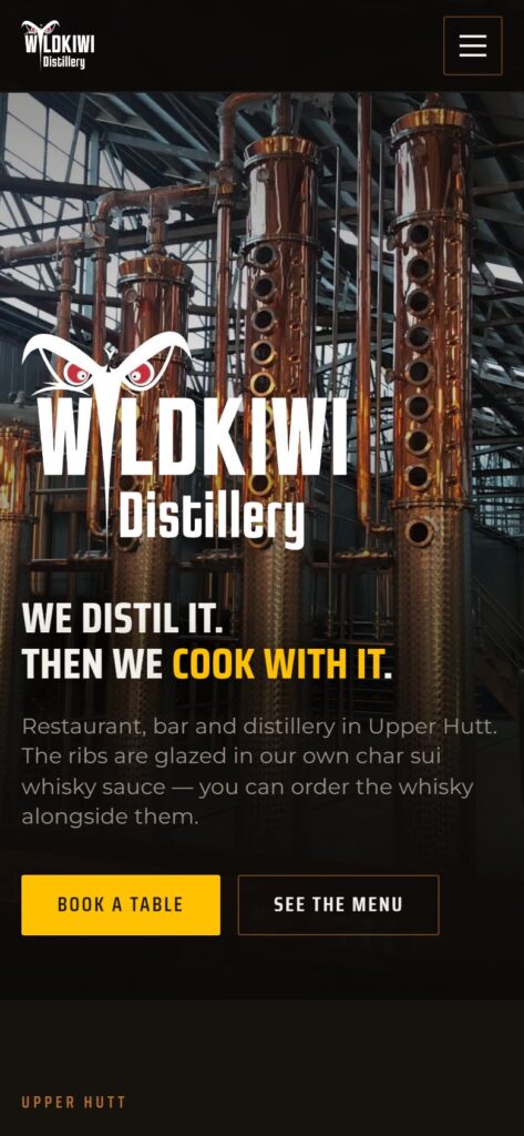 Screenshot of the Wildkiwi Distillery home page on a phone